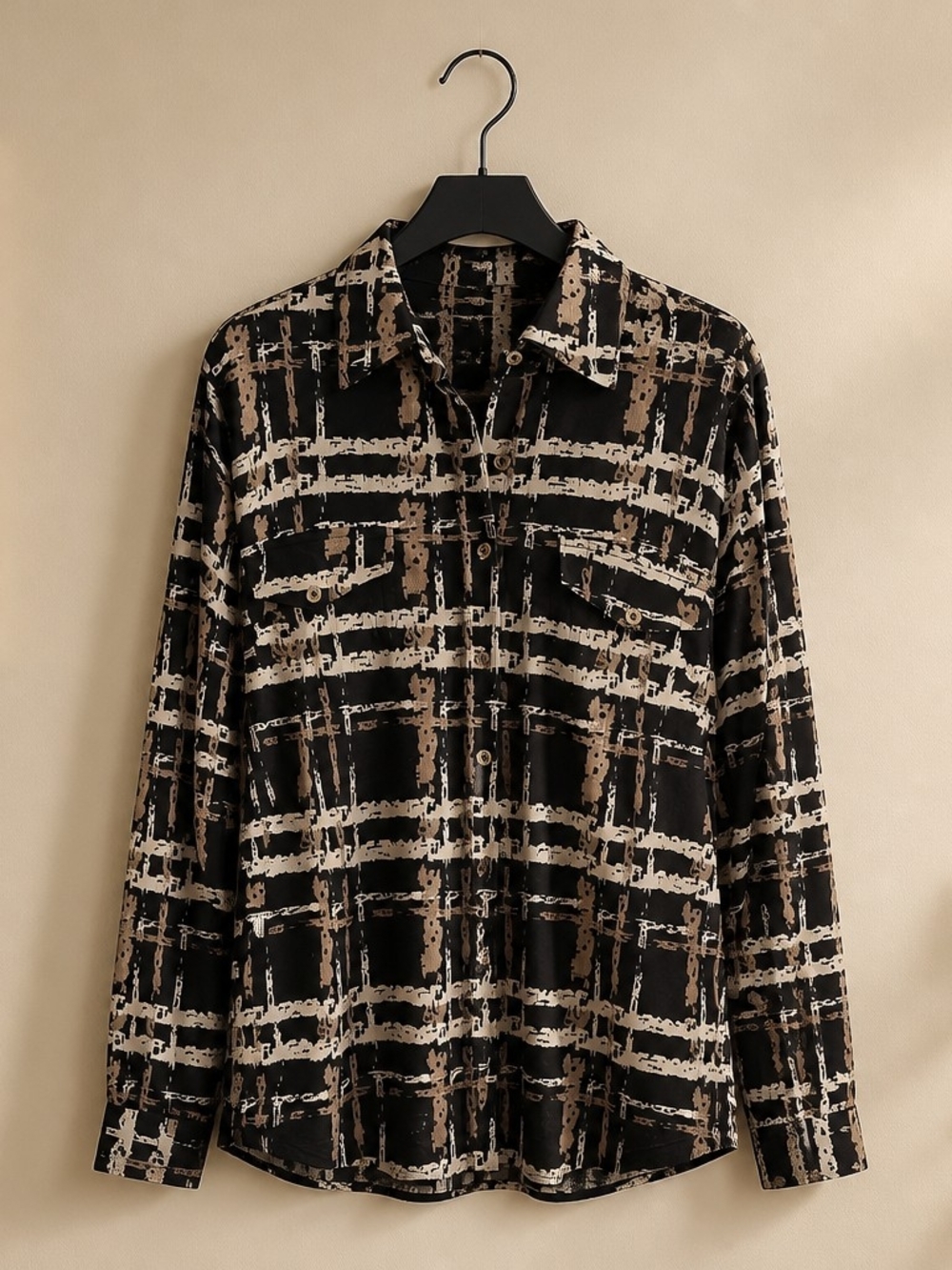 Fred David Black and Beige Plaid-Print Button-Front Shirt
